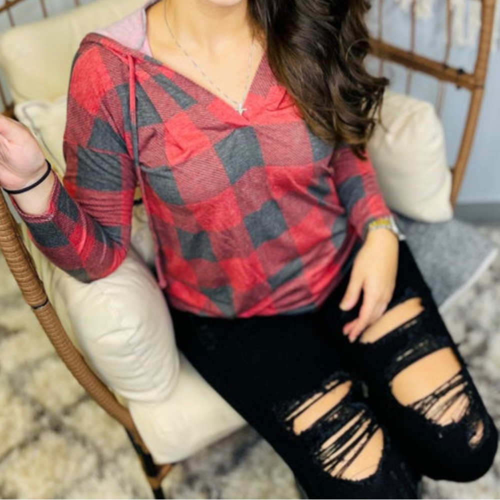 Sew in Love Buffalo Plaid Hoodie. Red and black available!!